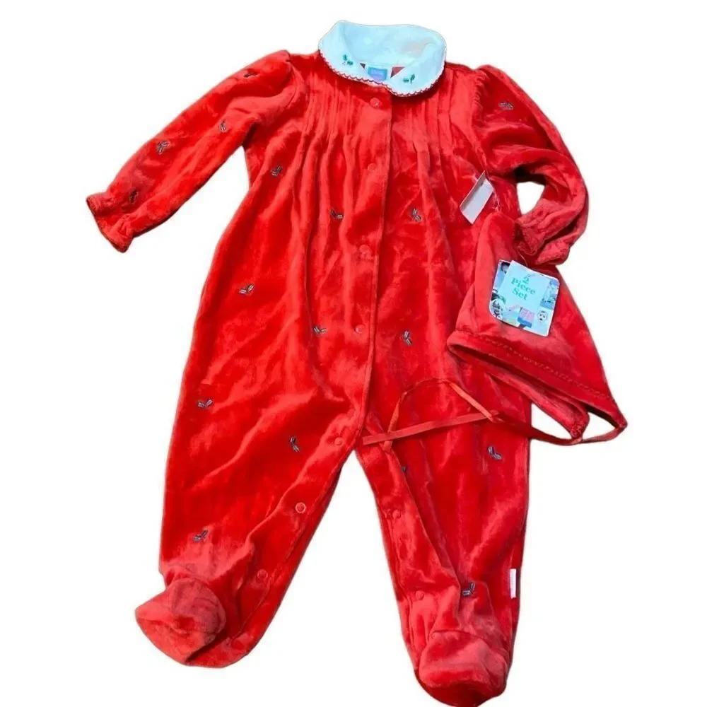 NWT Little Me Christmas Red Velvet Velour Sleeper Hat 9M